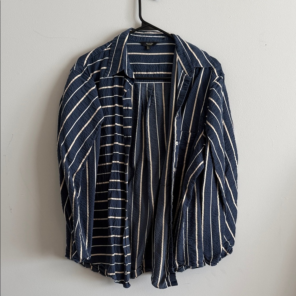 Massimo Dutti Navy and Cream Striped Button-Down Shirt